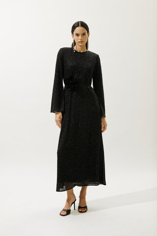 Long Sleeve Shimmer Evening Dress Black