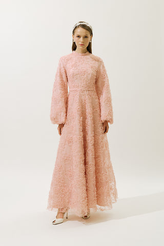 Long Sleeve Floral Volume Dress Powder