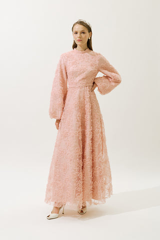 Long Sleeve Floral Volume Dress Powder