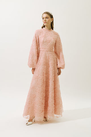 Long Sleeve Floral Volume Dress Powder