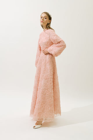 Long Sleeve Floral Volume Dress Powder