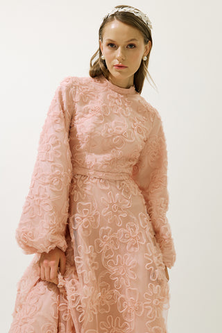 Long Sleeve Floral Volume Dress Powder