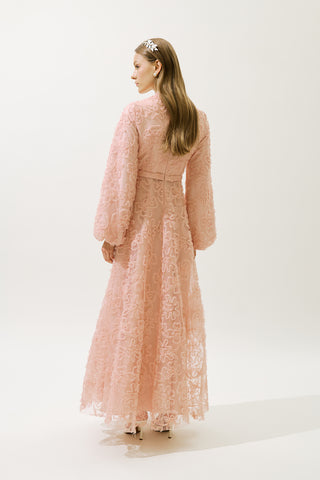 Long Sleeve Floral Volume Dress Powder