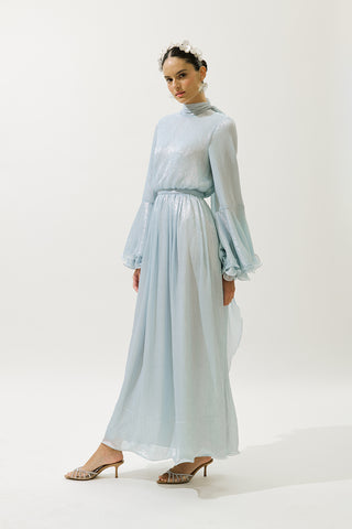 Flared Sleeve Ruffle Dress Blue