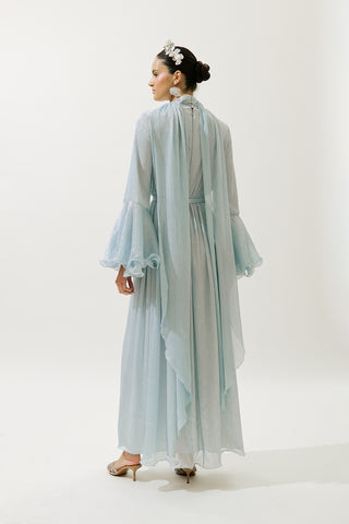 Flared Sleeve Ruffle Dress Blue