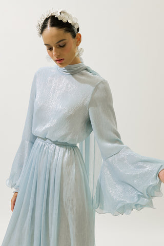 Flared Sleeve Ruffle Dress Blue