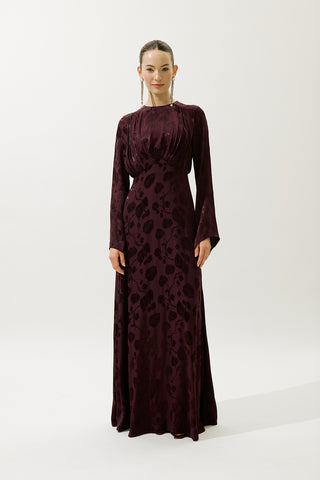 Jacquard Satin Evening Dress Burgundy