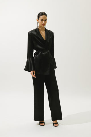 Satin Belted Evening Blazer Black