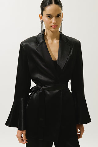 Saten Kemerli Akşam Blazer Siyah