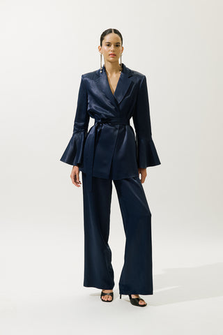 Satin Belted Evening Blazer Night Blue