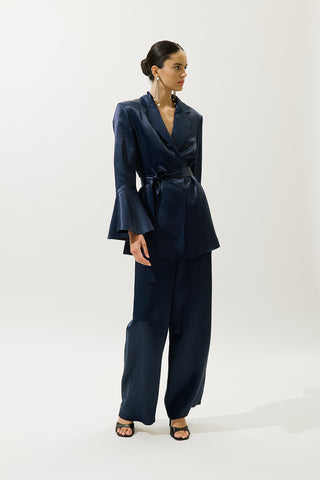 Satin Belted Evening Blazer Night Blue