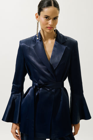 Satin Belted Evening Blazer Night Blue