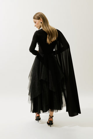 BELİ AYARLAMALI UZUN ELBİSE SİYAH