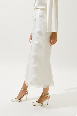 Floral Appliqué Pencil Skirt Ecru