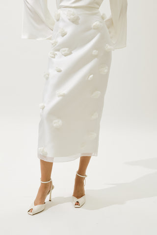 Floral Appliqué Pencil Skirt Ecru
