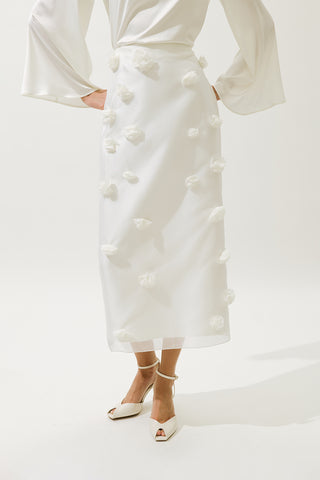 Floral Appliqué Pencil Skirt Ecru