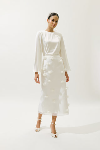 Floral Appliqué Pencil Skirt Ecru