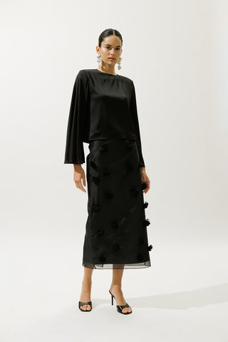 Satin Wide Sleeve Blouse Black