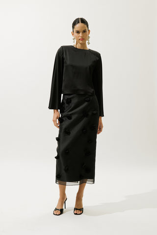 Satin Wide Sleeve Blouse Black