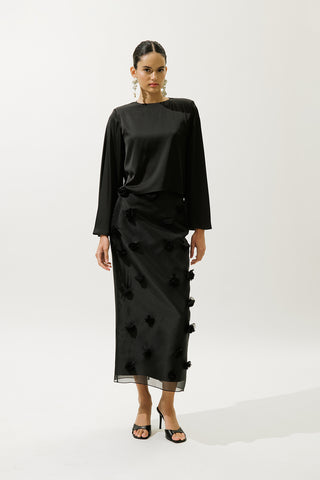 Satin Wide Sleeve Blouse Black