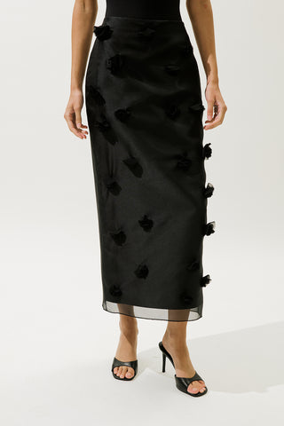 Floral Appliqué Pencil Skirt Black