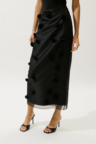 Floral Appliqué Pencil Skirt Black