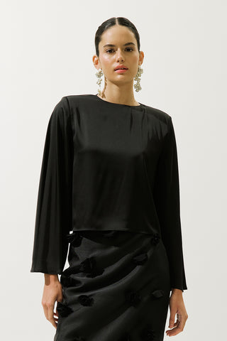 Satin Wide Sleeve Blouse Black
