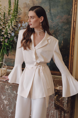 Saten Kuşaklı Akşam Blazer Vanilya