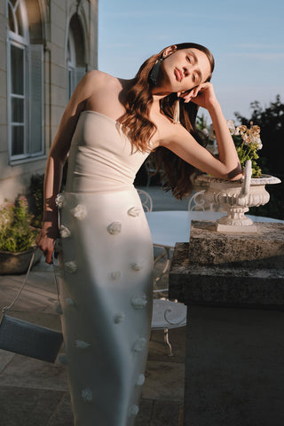 Floral Appliqué Pencil Skirt Ecru