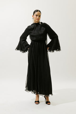 Flared Sleeve Ruffle Dress Black