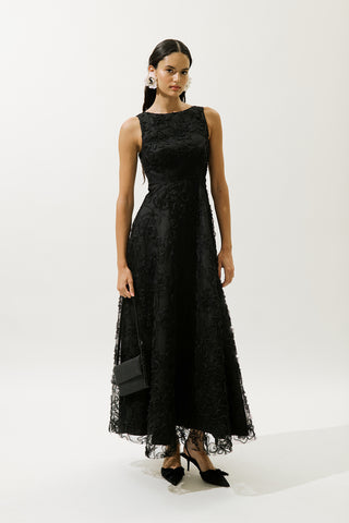 Hacimli Çiçekli Elbise Siyah