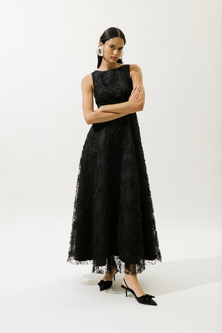 Hacimli Çiçekli Elbise Siyah