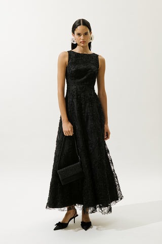 Hacimli Çiçekli Elbise Siyah