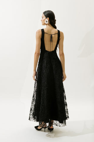 Hacimli Çiçekli Elbise Siyah