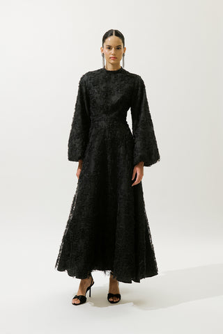 Long Sleeve Floral Volume Dress Black