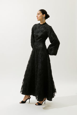 Long Sleeve Floral Volume Dress Black