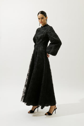 Long Sleeve Floral Volume Dress Black