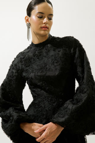 Long Sleeve Floral Volume Dress Black