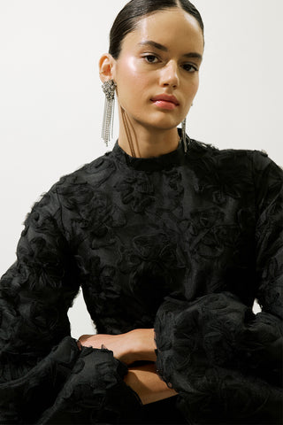 Long Sleeve Floral Volume Dress Black