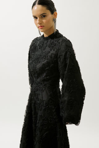 Long Sleeve Floral Volume Dress Black