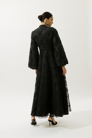 Long Sleeve Floral Volume Dress Black