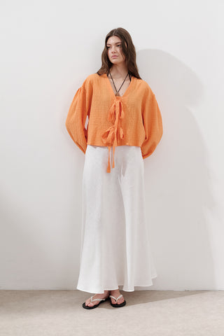 Textured Tie-Front Blouse Orange