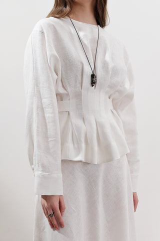 Crossover Tie Linen Blouse Ecru