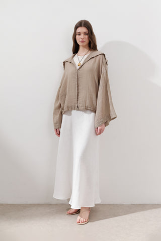 Linen Blend Wide-Collar Shirt Khaki