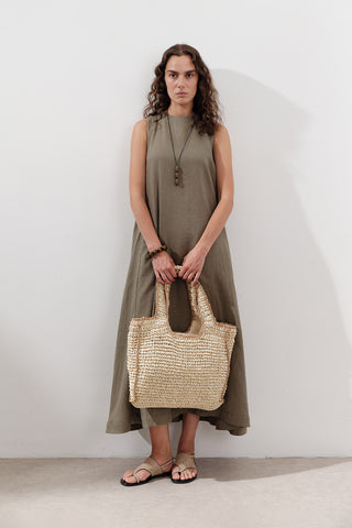 Linen Gathered Dress Khaki