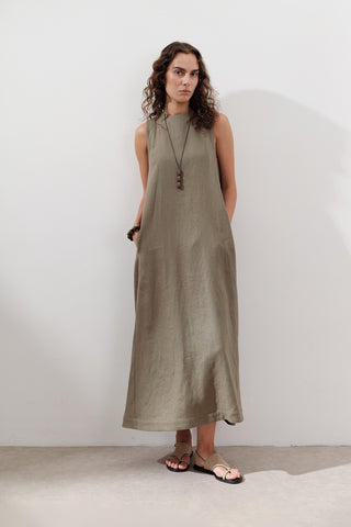 Linen Gathered Dress Khaki