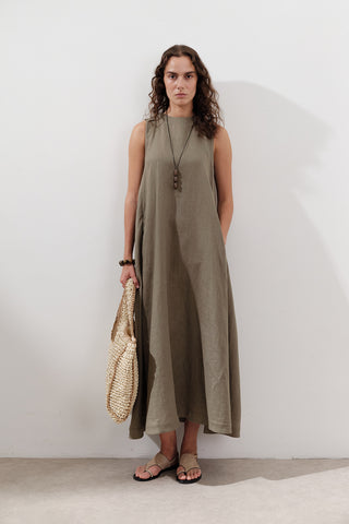 Linen Gathered Dress Khaki
