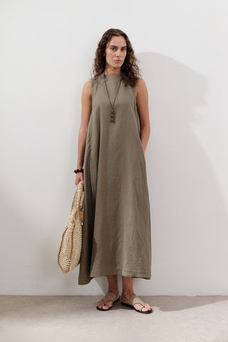 Linen Gathered Dress Khaki