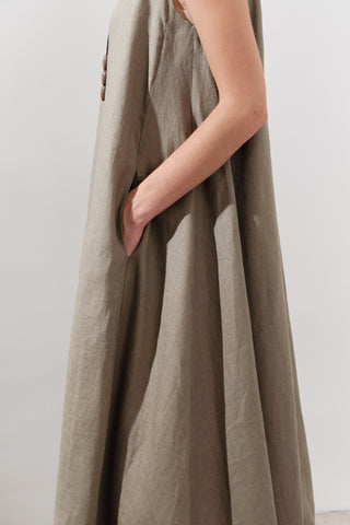 Linen Gathered Dress Khaki
