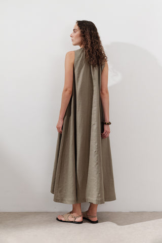 Linen Gathered Dress Khaki